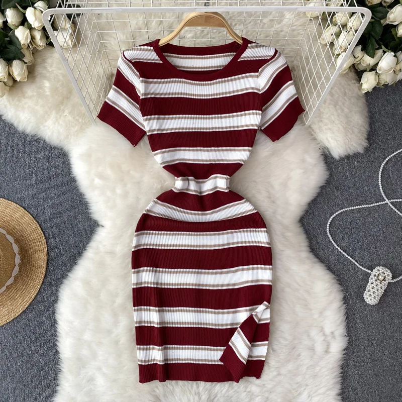 Robe mi-longue patchwork à manches courtes pour femmes, pull taille haute, robe décontractée élastique, robe sexy, vêtements de batterie con
