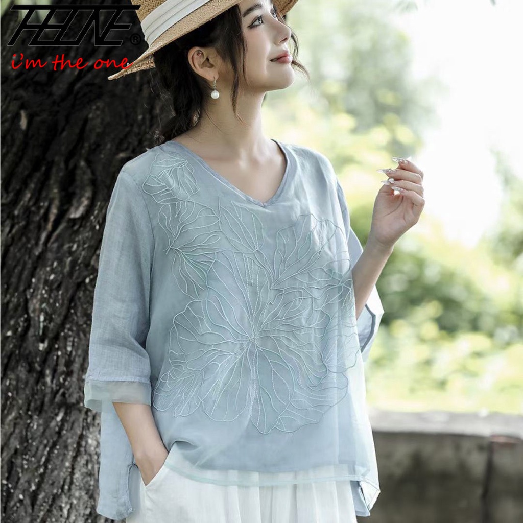 Chemisier brodé à col en V pour femmes, chemises d'été, coton, lin, solide, vintage, décontracté, vêtements