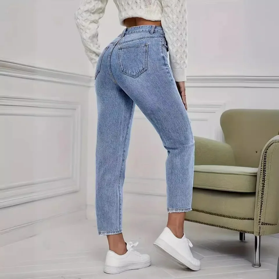 Jean décontracté déchiré et délavé pour femme – Nouvelle collection printemps-été – Coupe droite longueur cheville