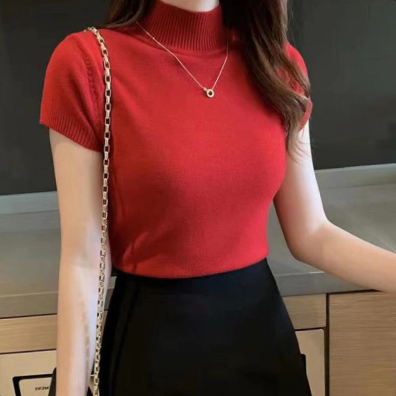 T-Shirt à col mi-haut pour femmes, pull à la mode, hauts décontractés, Style coréen, vêtements élégants de couleur unie, saison printemps et été