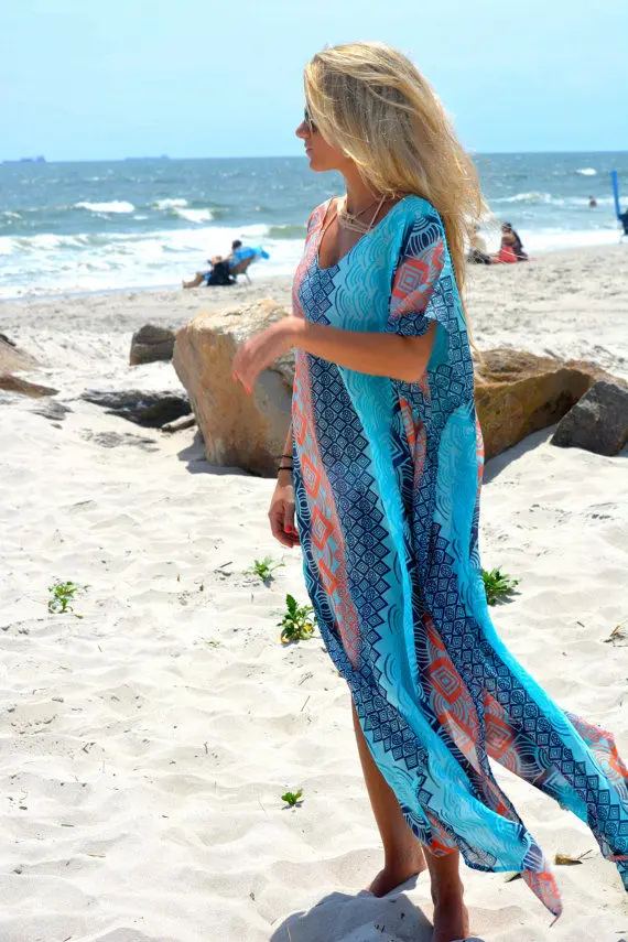 Robe de plage longue imprimée style Boho, tenue de bain, Industries ong, bikini, tunique, capes, caftan, coverup