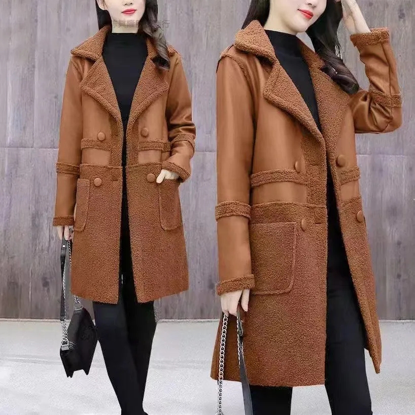 Veste grande taille pour femme, nouveau manteau en fourrure double face, automne hiver 2025, vêtements d'extérieur en laine d'agneau, pardessus Long rembourré, hauts en cuir pour dames
