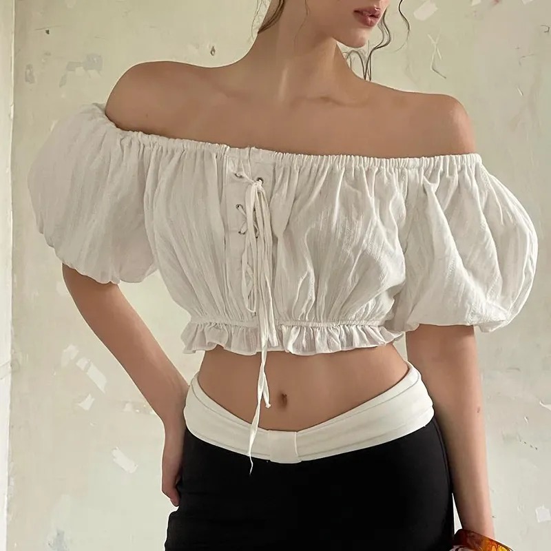 Crop top blanc pour femme - Manches bouffantes à volants - Taille élastique