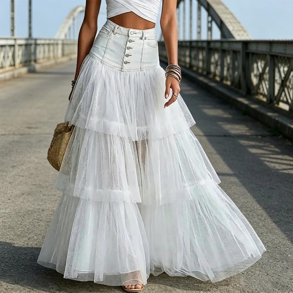 Jupe longue pour femme, taille haute, à volants moelleux, superposée, en tulle uni, style jupe à étages, pour mariage, fête, danse, ou comme sous-jupe de robe