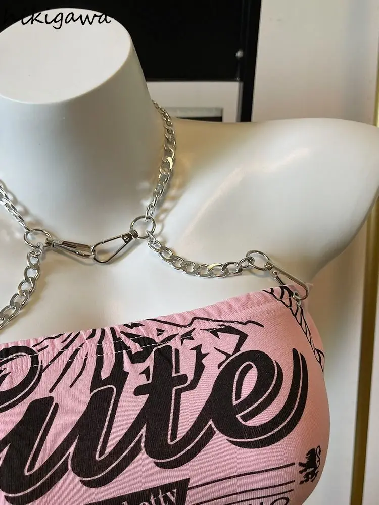 Débardeur d'été à la mode pour femmes, vêtements avec lettres roses douces, tunique dos nu, Camis, chaîne Harajuku, gilet Sexy Y2k, Ropa Mujer