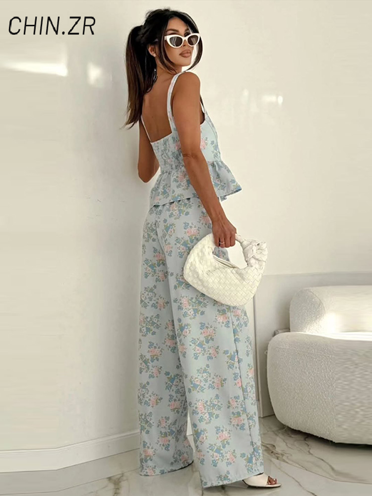 Ensemble pantalon et haut à volants imprimé tendance pour femme, débardeur sans manches dos nu avec poches et pantalon large, collection été 2026, tenue florale pour femme