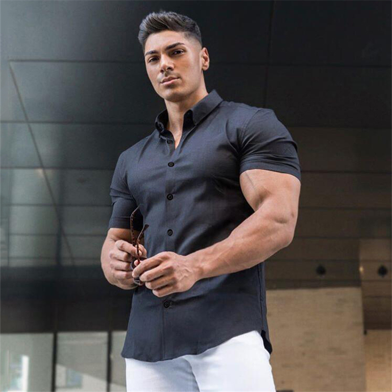 Chemise à manches courtes pour hommes, vêtements d'été, boutons de gymnastique, Fitness, chemises à manches courtes, mode décontractée, Streetwear, Hipster Social