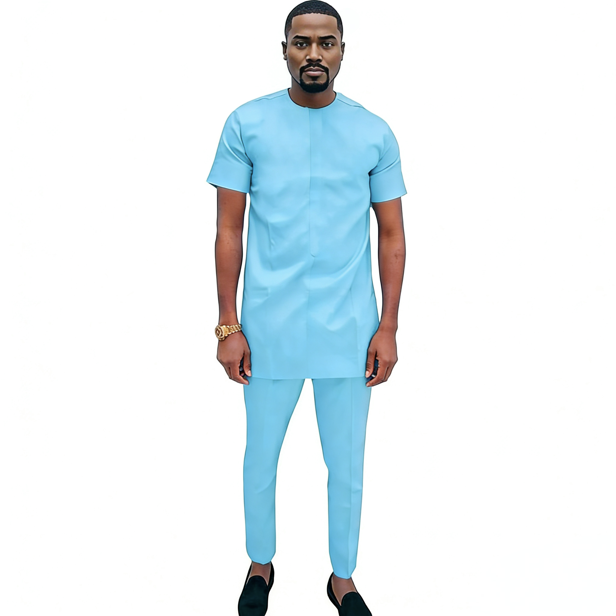 Ensemble de vêtements africains élastiques en coton bleu ciel pour hommes, haut à manches courtes et pantalon, vêtement nigWin ultra fin et respirant, mode