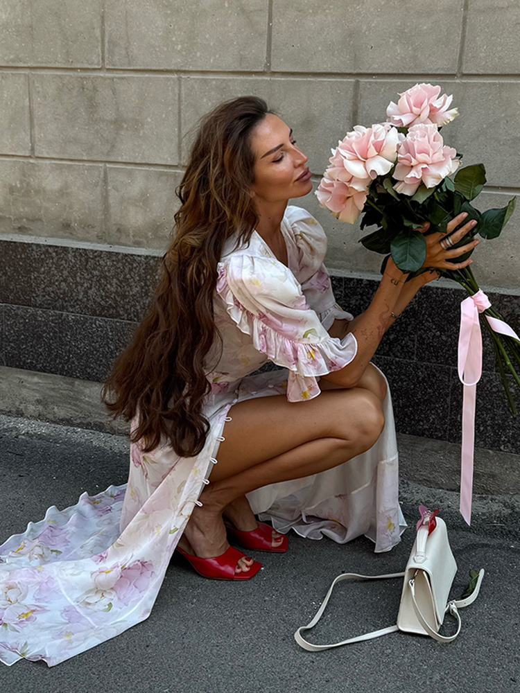 Robe imprimée pour femmes, robes florales, col en V profond, manches bouffantes, boutons à la taille, robe longue élégante en mélange de lin, vêtements pour femmes, tenue de tous les jours
