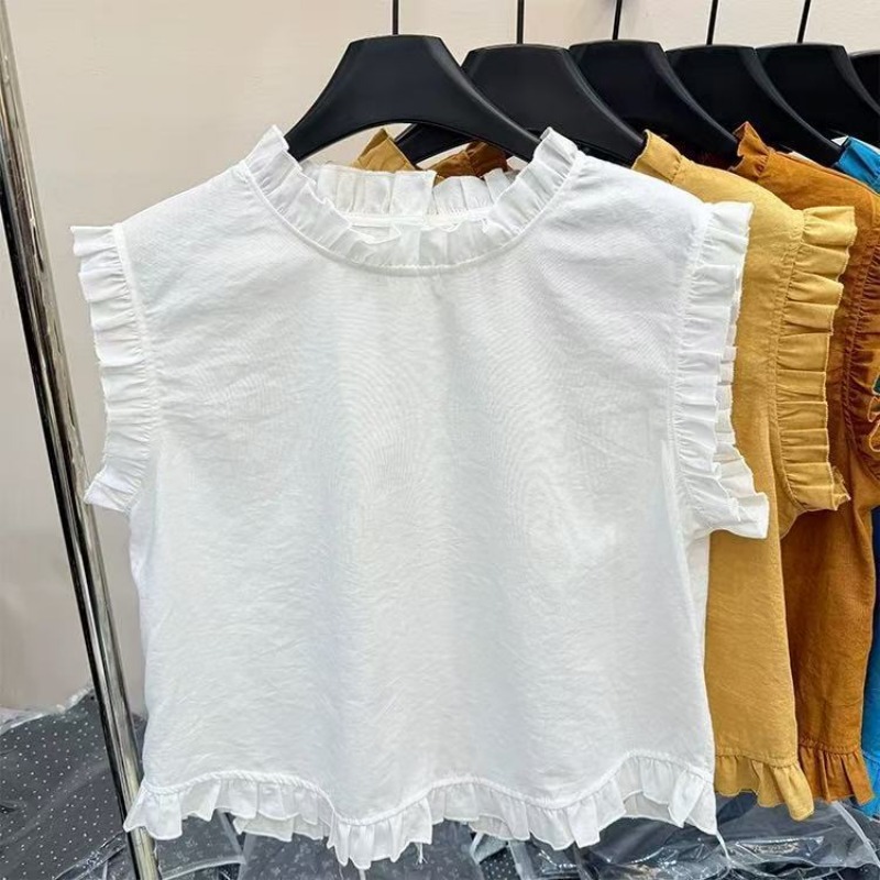 Chemise sans manches en dentelle épissée pour femmes, nouveau Style coréen, mode polyvalente, col rond, haut ample de couleur unie, 2025
