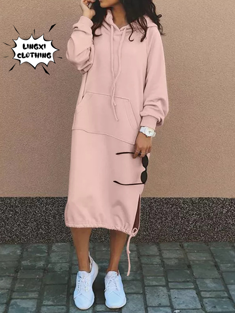 Robe pull à capuche pour femme, grande taille, élégante, avec poches fendues, chaude, longue, mode automne et hiver 2023