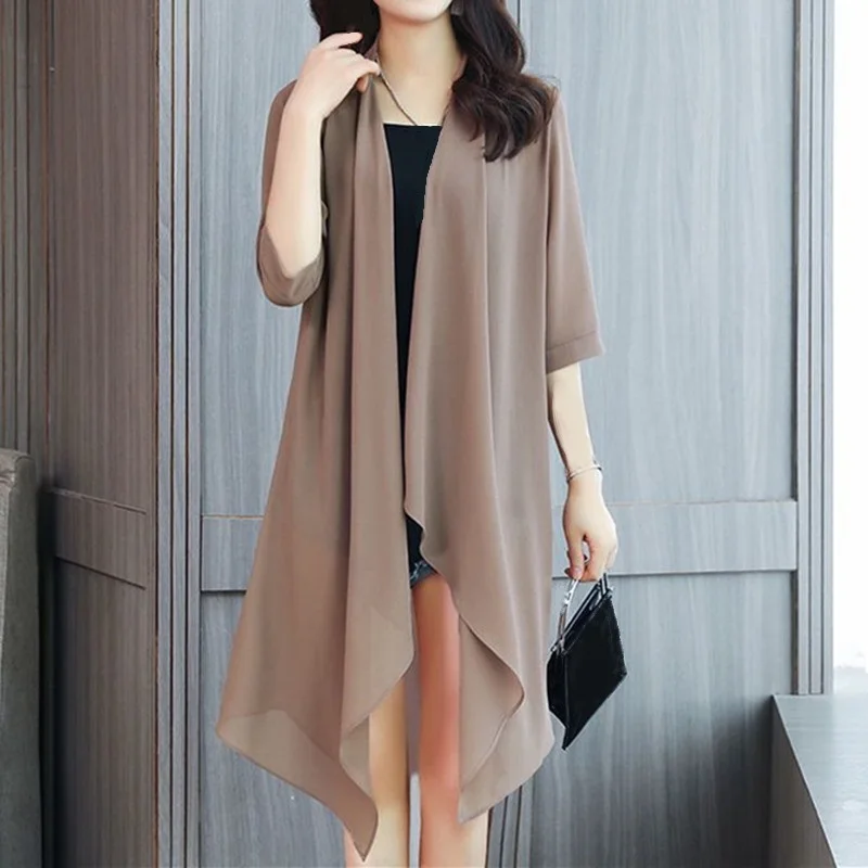 Vêtements d'été de protection solaire pour femmes, cardigan en mousseline de soie, chemisier à demi-manches, chemises pour dames, châle féminin, combinaison mince