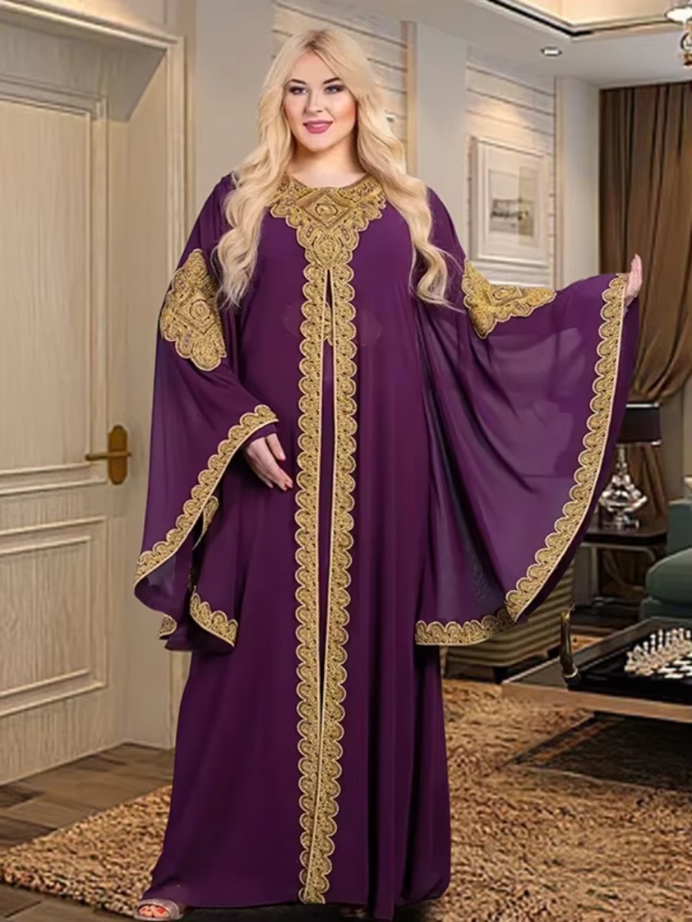 Abaya-Robes de soirée pour femmes, caftan musulman, manches évasées, robe brodée en dentelle dorée, trempée Jalabiya, Ramadan, ensemble de 2 pièces
