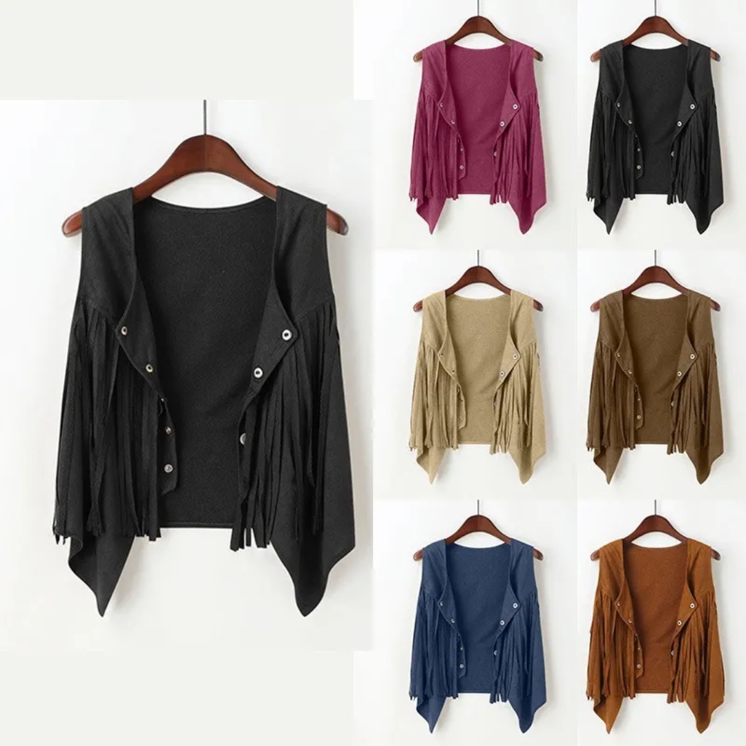 Veste en faux daim pour femme, cardigan ouvert sur le devant, gilet de cow-girl vintage, glands à franges, hippicopter, fibre ethnique, rivet