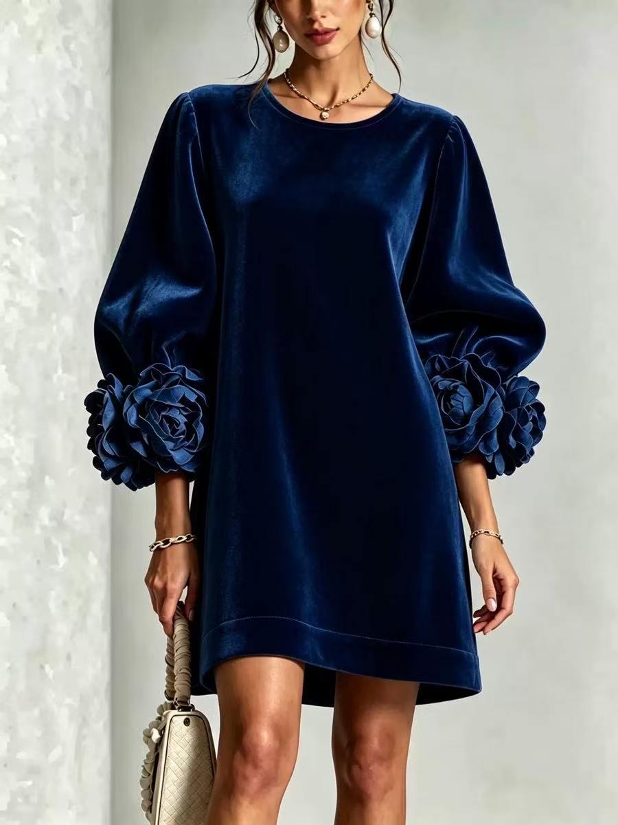 Nouvelle collection automne-hiver, robe en velours coréen pour femmes, robe à manches longues tendance avec manches à motifs floraux en relief 3D, idéale pour les soirées et le quotidien.