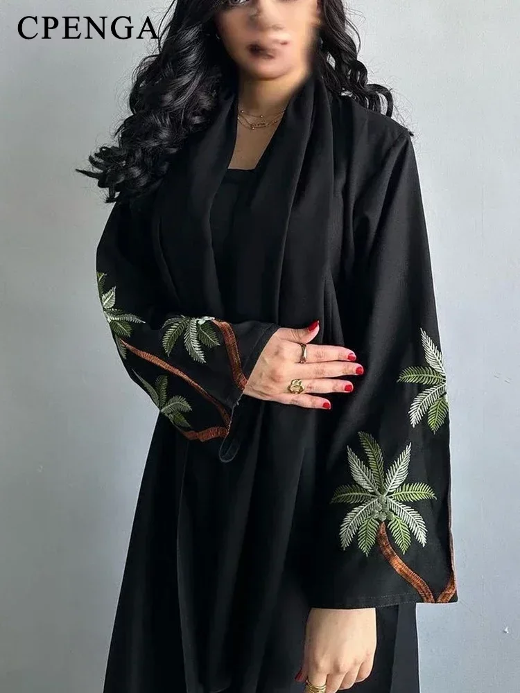 Robe musulmane noire de ramadan pour femmes, robe modeste, abaya unie ouverte, caftan marocain, broderie saoudienne et arabe, islam turc, Eid Ramadan