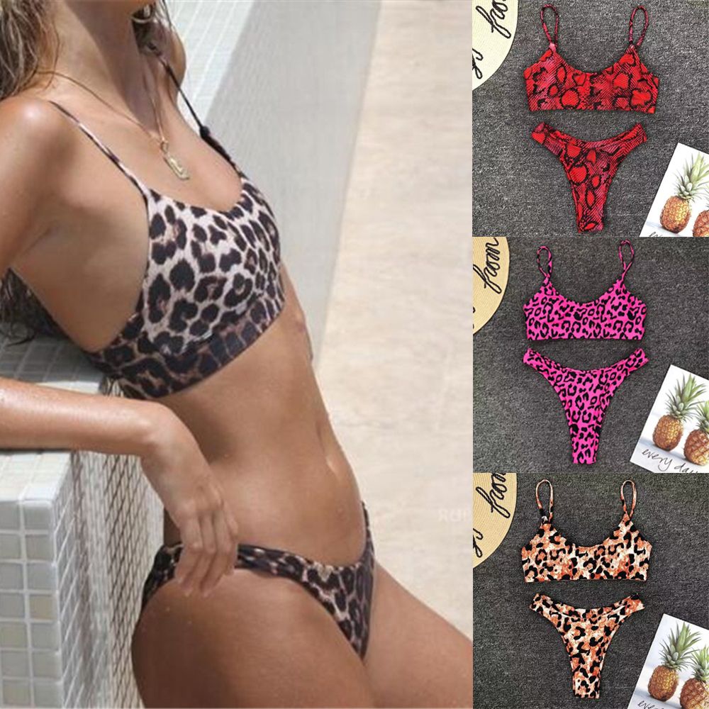 Plage deux pièces Sexy dos nu maillot de bain femmes maillot de bain à découpe imprimé léopard Bikini ensemble vêtements de plage