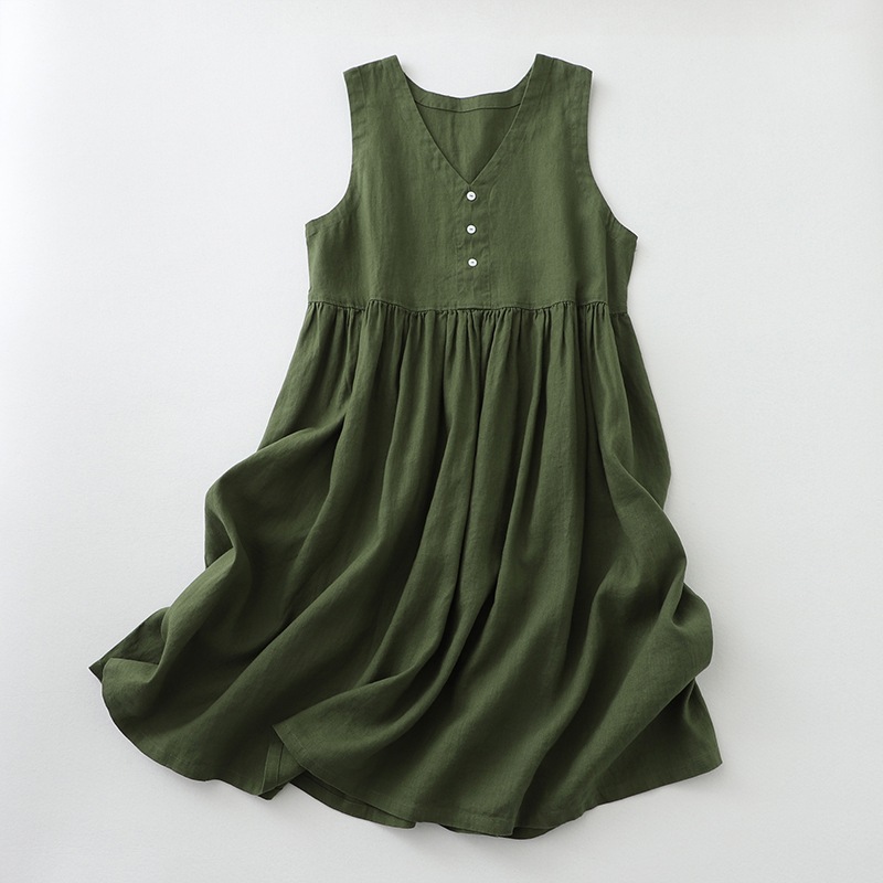 Nouvelle Robe Décontractée Sans Manches en Coton et Lin pour Femme 2026 – Robe Midi Ample Boutonnée pour l'Été