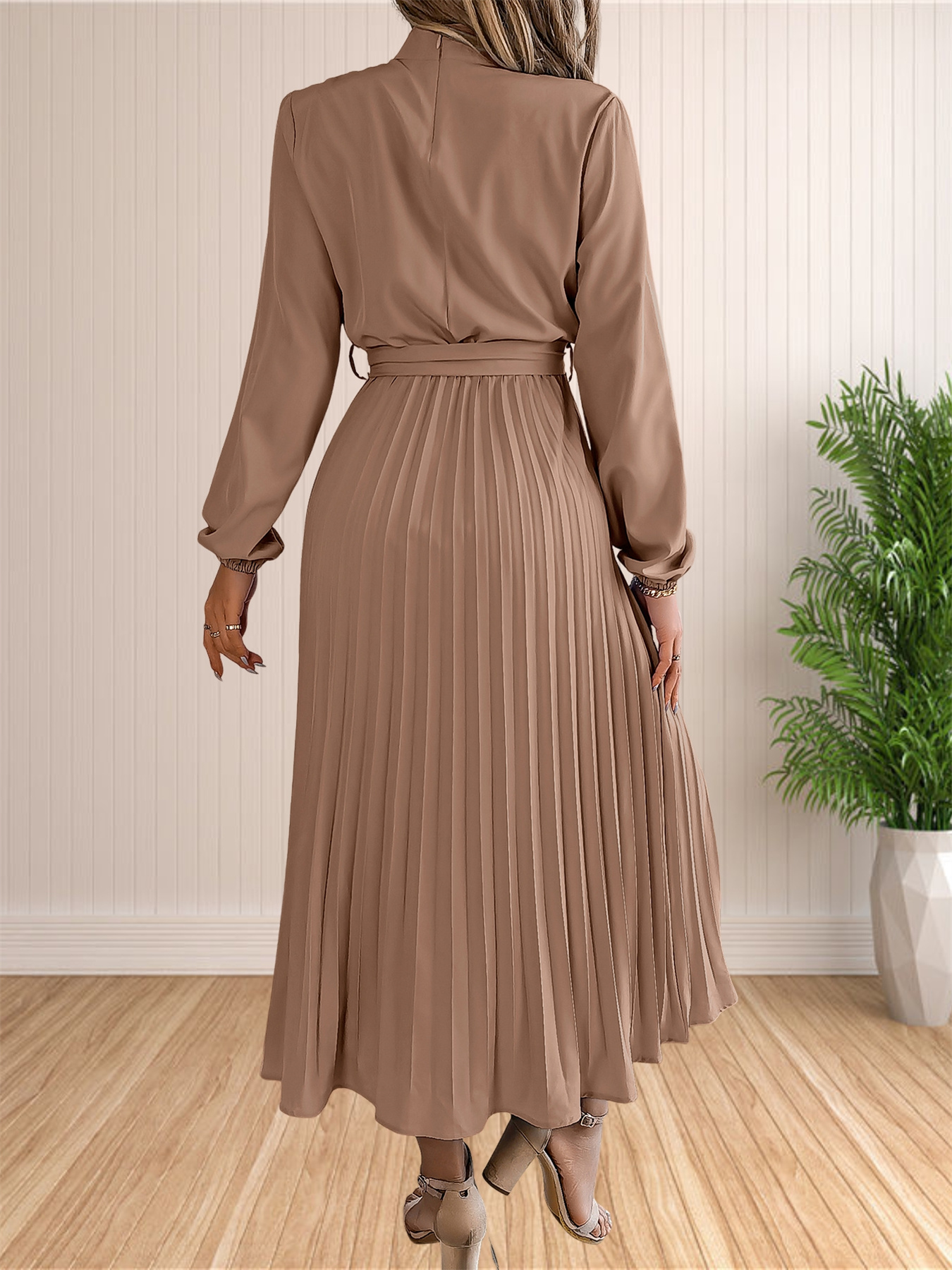 Robes longues d'été pour femmes, élégantes, plissées, manches longues, à lacets, style Boho, portefeuille, ourlet à volants, robe d'été