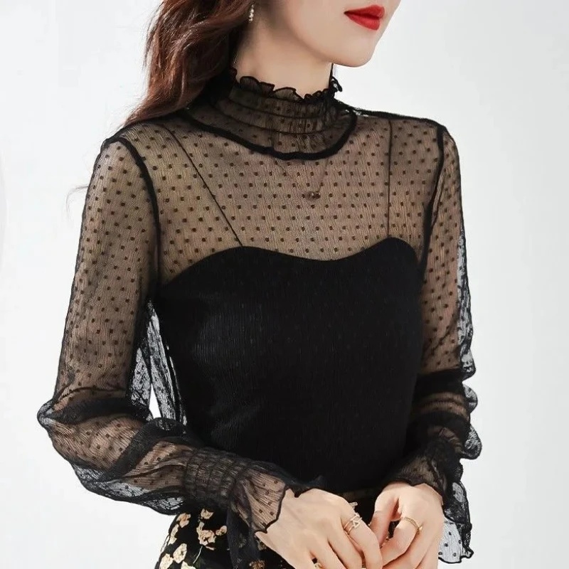 T-shirt noir en dentelle à manches évasées et coupe ajustée pour femme, à manches longues et col rond, haut de base tendance, style kimono, pour femme.