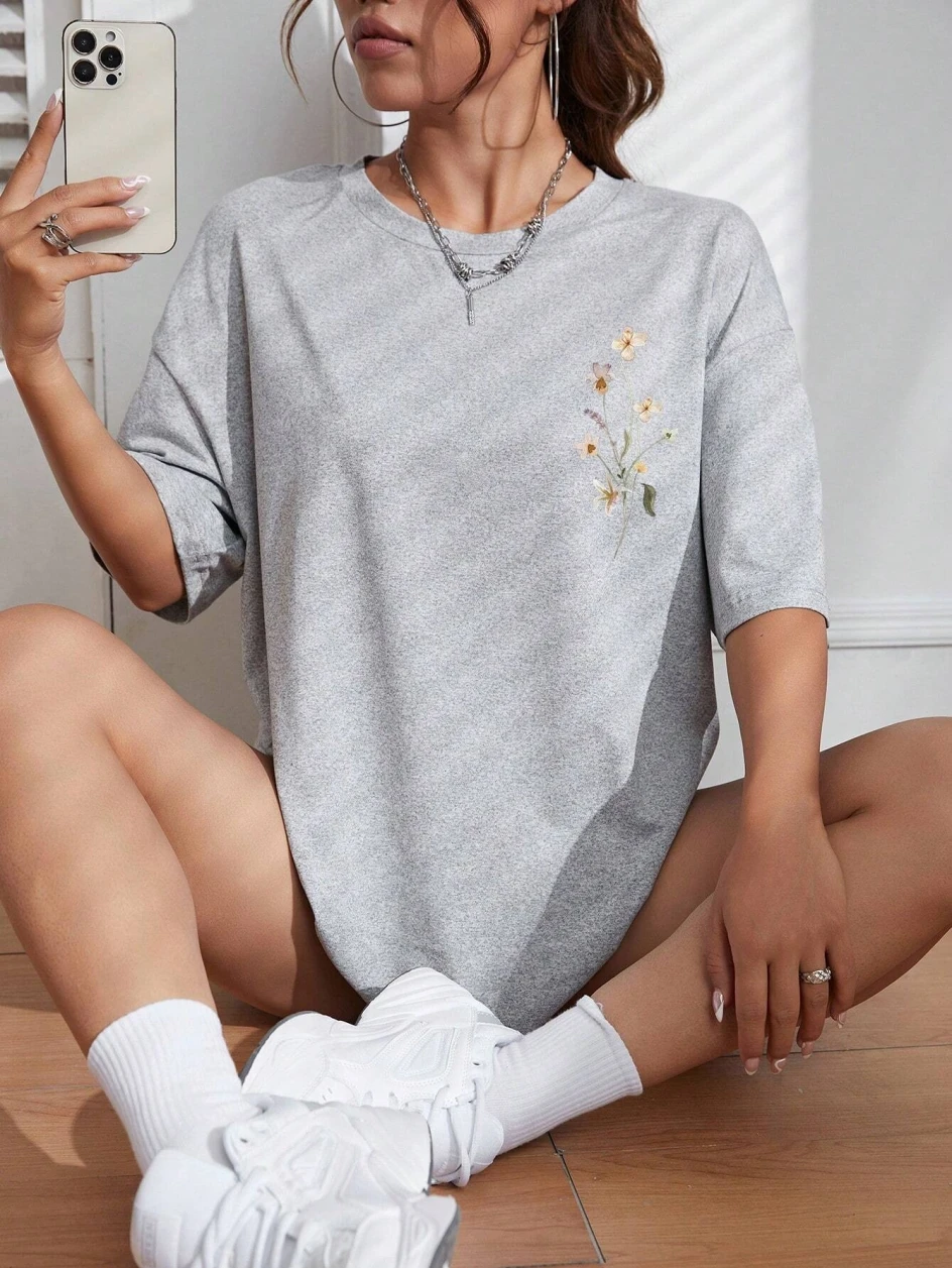 Mode américaine Ins belle fleur grappe impression coton femmes T-shirt été décontracté respirant doux ample haut confortable
