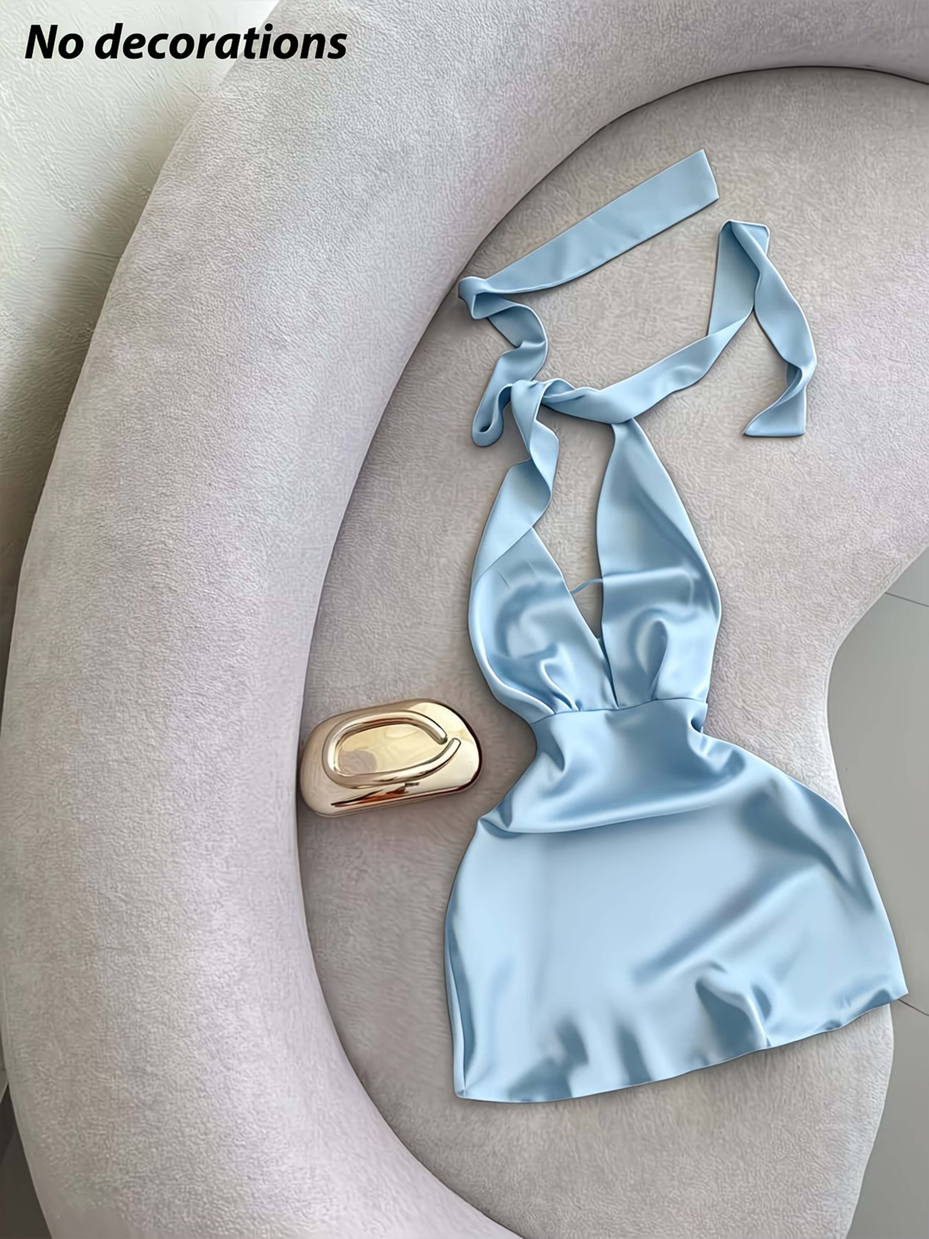 Robe en satin pour femme toutes saisons, dos nu, à nouer à la taille, design élégant en satin pailleté, idéale pour les vacances et le quotidien