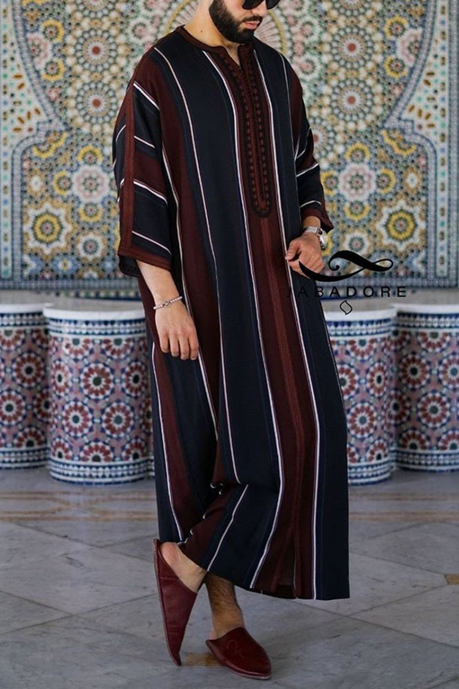 Hommes musulmans Robe longue saoudien islamique rayure impression Abaya Caftan dubaï arabe Eid Maroc Thobe Jubba Jalabiya été Ramadan 2024