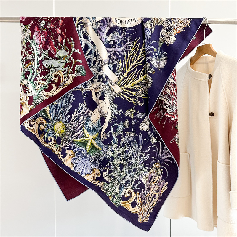 Châle carré de luxe en soie et laine pour femme, imprimé, en soie et cachemire, pour l'hiver, vente directe usine