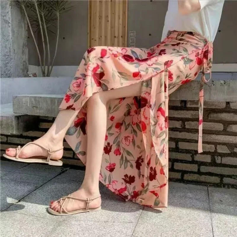 TOKITIND-Jupe ronde en mousseline de soie pour femme, décontractée, taille haute, à volants, jambes larges, adt