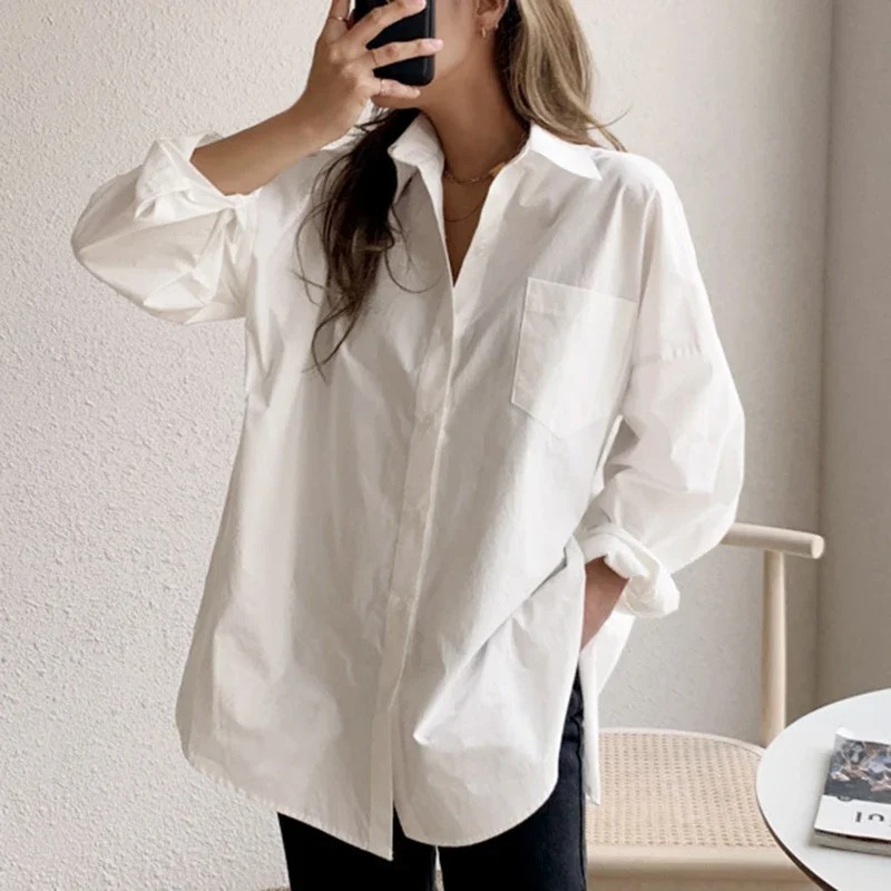Bureau dame élégant blanc décontracté Blouses amples mode nouveau coton à manches longues femmes chemise col rabattu hauts