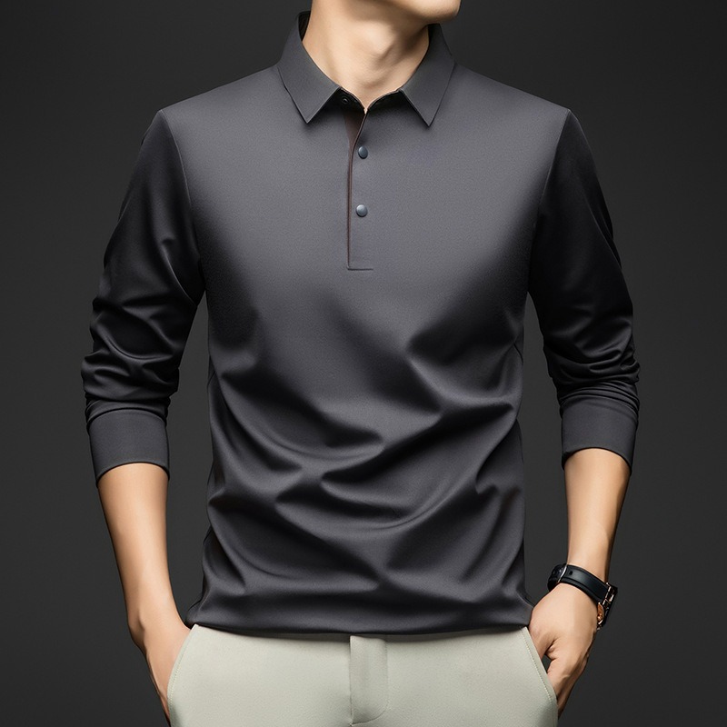 Polo à manches longues pour hommes, en mélange de soie de mûrier, col classique, idéal pour un style décontracté et professionnel, couleur unie, pour hommes d’âge mûr.