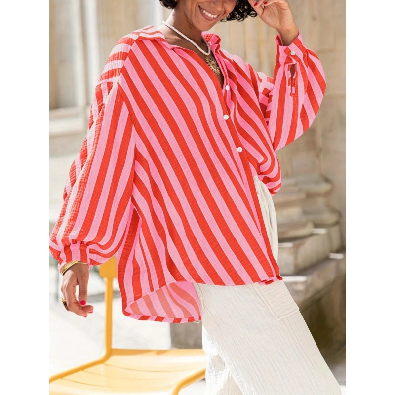Grande taille 1XL-5XL femmes été nouveau col rabattu chemise à rayures verticales à manches longues dame blouse décontractée haut
