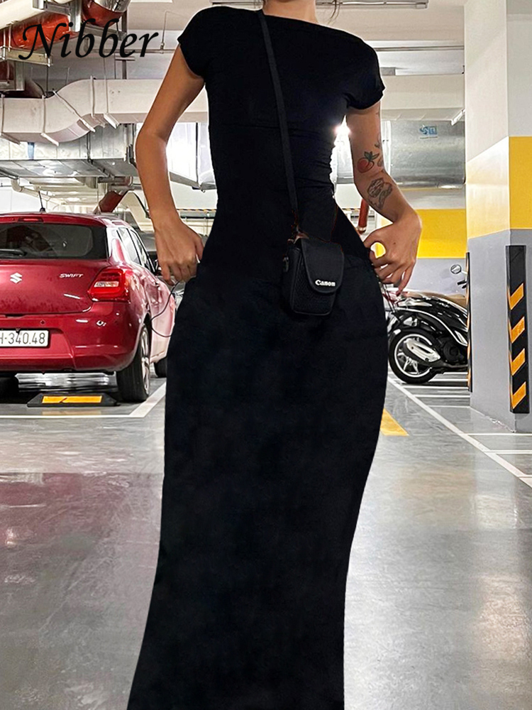 Nibber-Robe longue à manches courtes et dos nu pour femme, vêtement de couleur unie, sexy, élégant, élastique, slim, streetwear