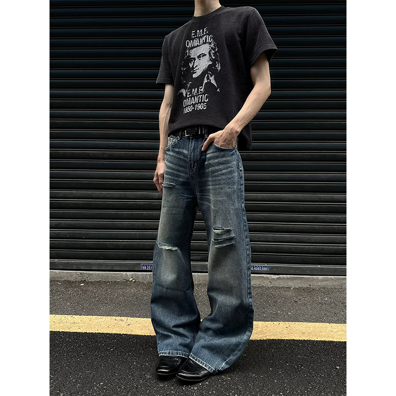 Jean pour homme robuste, délavé, multi-poches, style charpentier, coupe droite ample, décontracté, style urbain