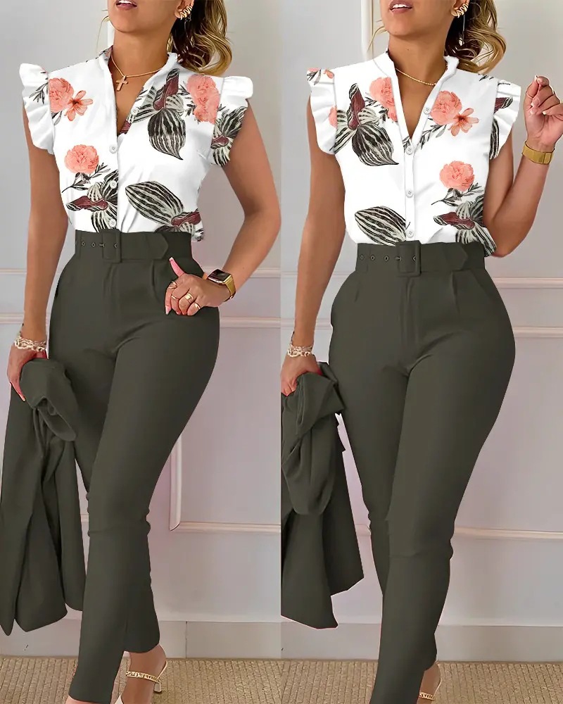 Été femmes africaines à manches courtes col en v Polyester 2 pièces haut pantalon Long impression ensembles assortis Dashiki vêtements africains