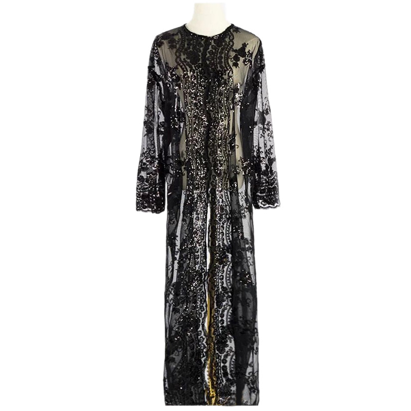 Musulman perlé paillettes Sexy brodé dubaï turquie dames Cardigan mode femmes Islam robe à manches longues à travers maille voir manteau