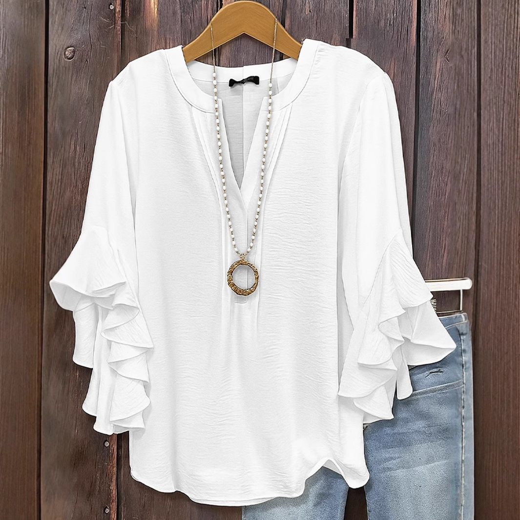 Femmes à volants col en V 3/4 à manches longues Blouse ample chemises mode d'été femme couleur unie affaires vêtements de travail OL haut blouse