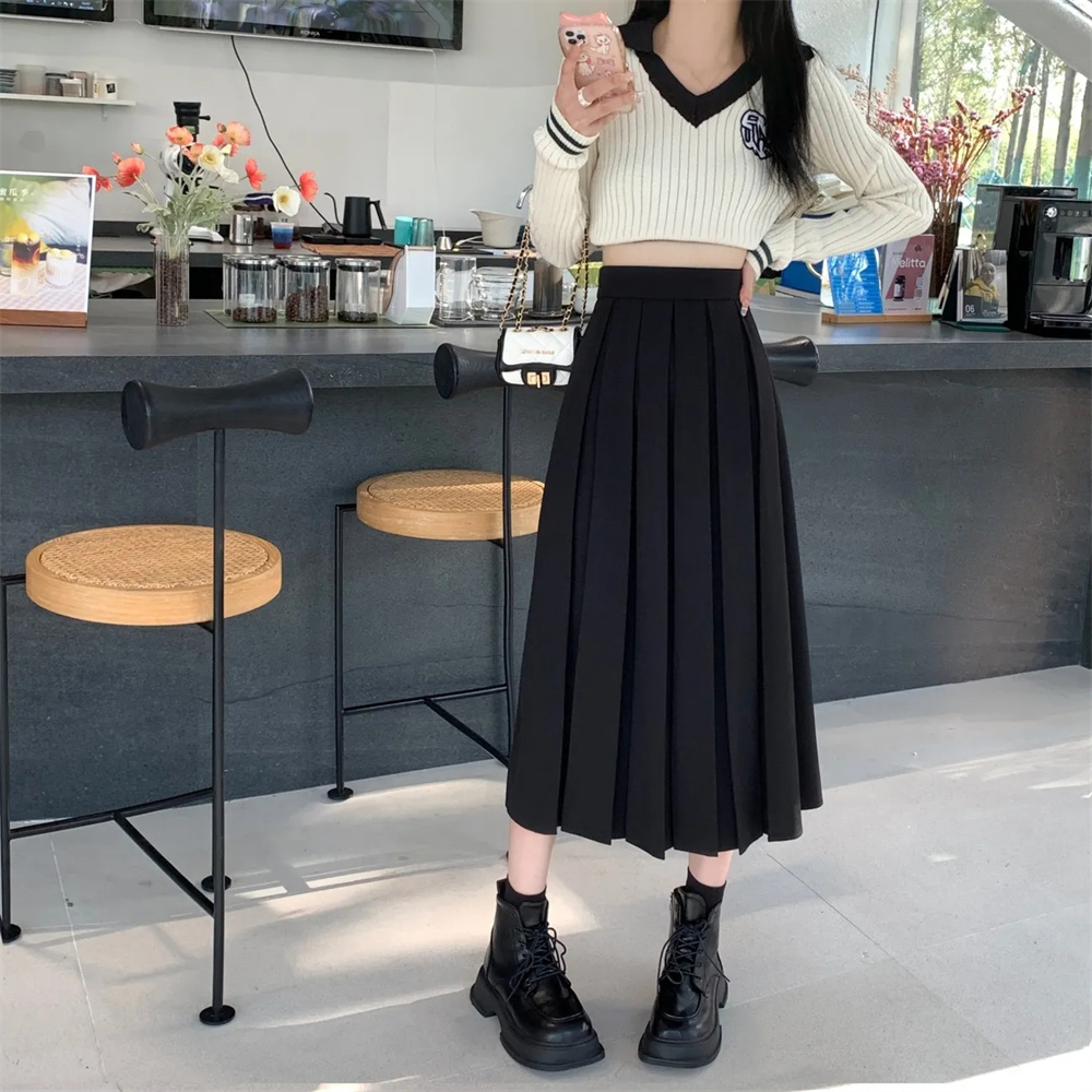 Jupe longue plissée noire de style coréen pour femmes, modeste, relaxation, étudiant