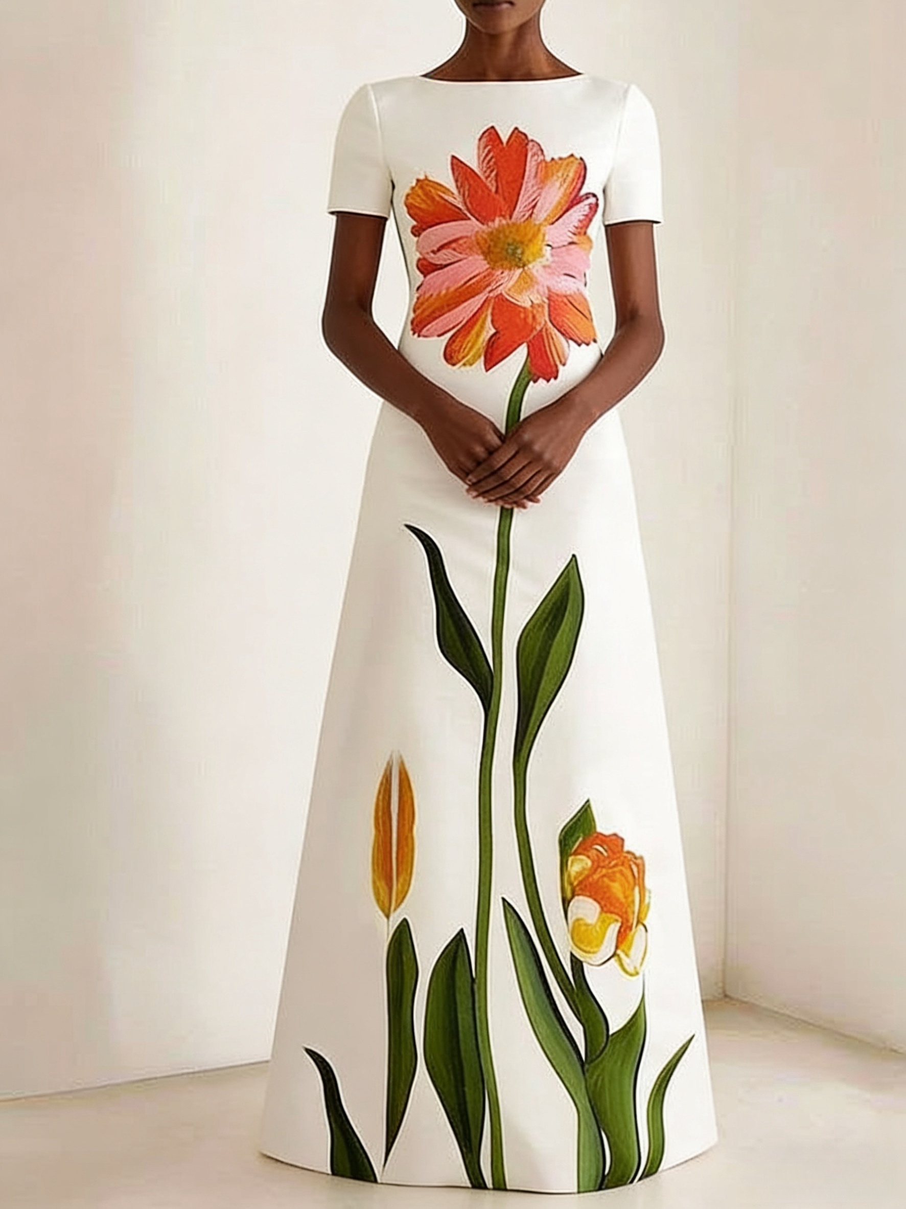Vêtements d'été pour femmes, nouveau style, imprimé artistique, col rond, manches courtes, robe longue, robe longue rétro ajustée, élégante et tendance, adaptée au quotidien, aux rendez-vous, aux mariages, aux banquets, aux cérémonies de remise des diplômes