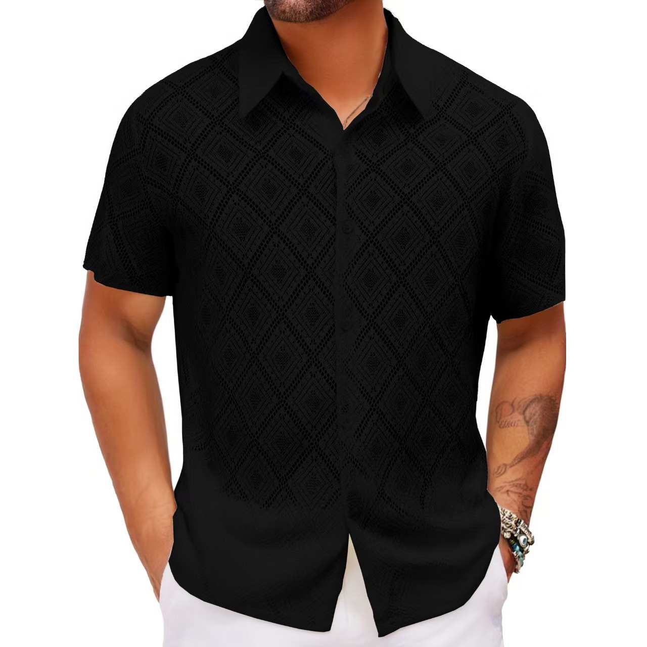 2025 mode d'été hommes chemise maille dentelle Transparent hauts Streetwear revers manches courtes bouton Camisas fête Sexy hommes vêtements
