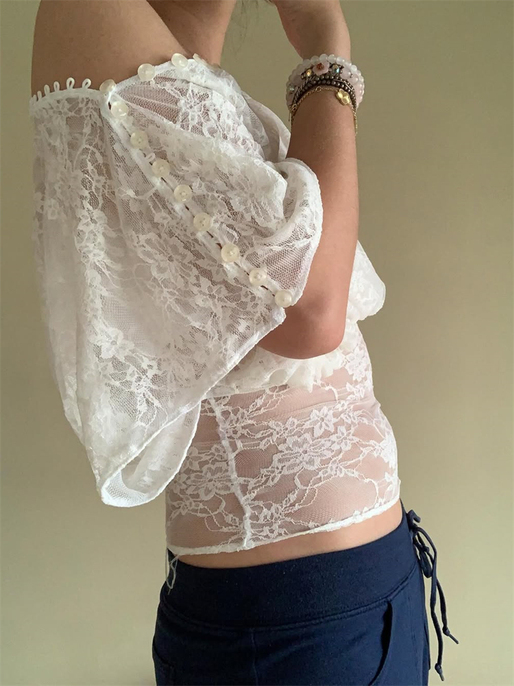 Femmes dentelle haut élégant femmes dentelle broderie haut col rond manches courtes boutons solide été pure T-shirt Clubwear