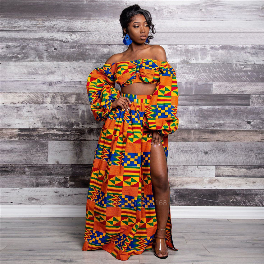 Ensemble 2 pièces imprimé national africain pour femme : Haut sexy à col bateau et manches longues + Jupe longue fendue – Tenue décontractée d'été