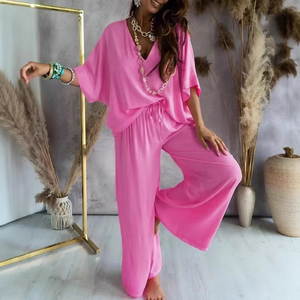 Ensembles amples 2 pièces pour femmes en promotion : Chemisiers à col en V et manches courtes & Pantalons de plage taille haute à jambes larges NMD-3032