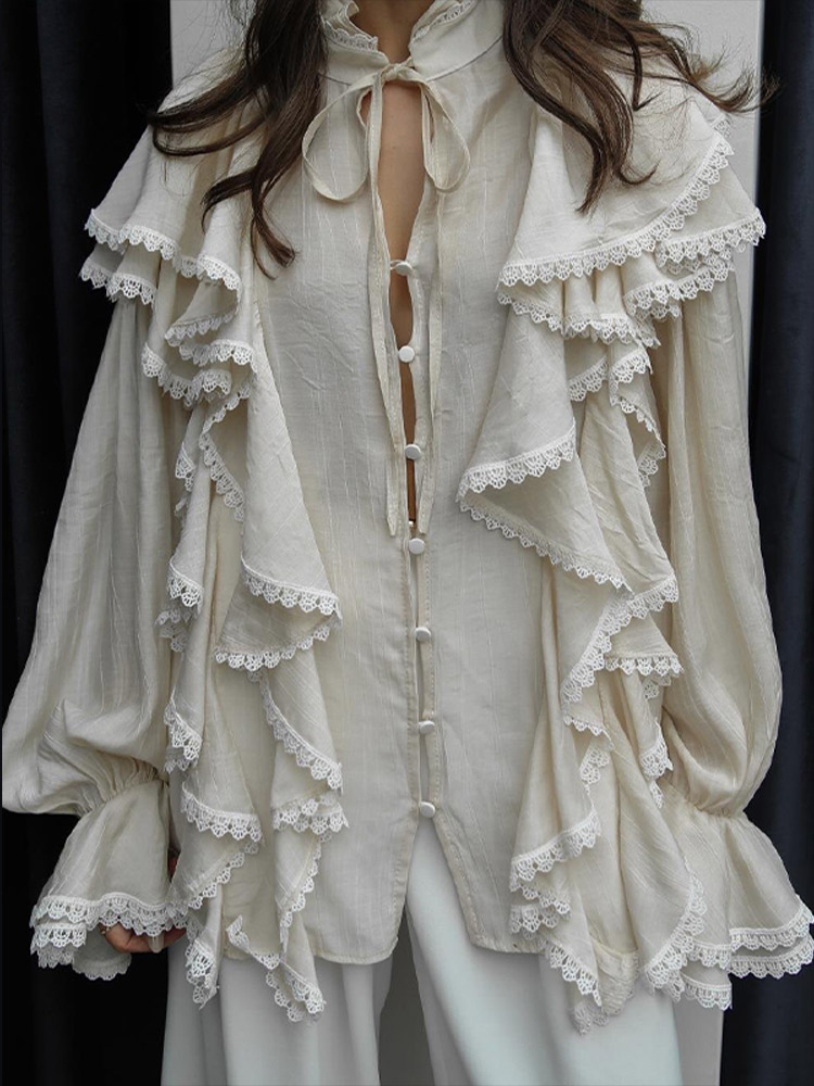 Chemisier à volants en dentelle et manches bouffantes pour femme, col noué, boutonné, coupe ajustée, style peplum élégant, style français 2026