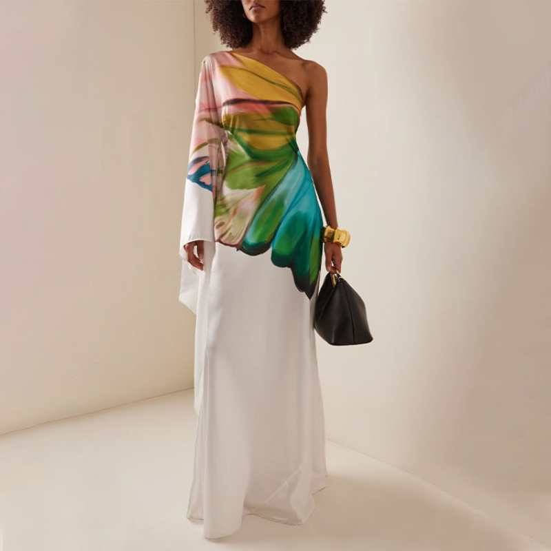 Femmes Robe élégante en Satin 2025 épaule Oblique Papillon imprimé Robe Maxi Robe d'été décontracté Vintage imprimé Robe longue ample