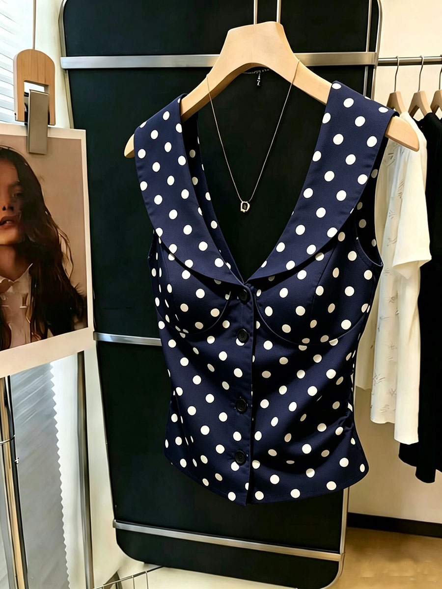 Débardeur Femme Vintage à Pois Col V Sans Manches Boutonné Coupe Slim Bleu Marine Tenue Décontractée d'Été Streetwear