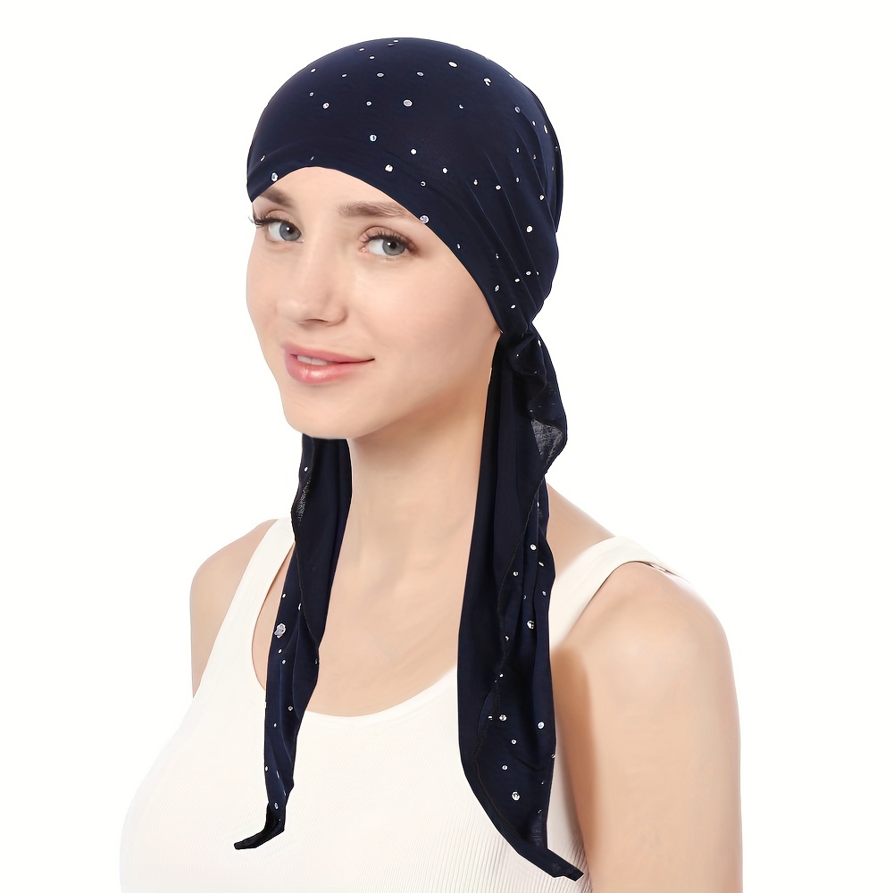 Strass décor Turban chapeau couleur unie élastique bandeau décontracté crâne casquette bonnets chimio casquette pour les femmes