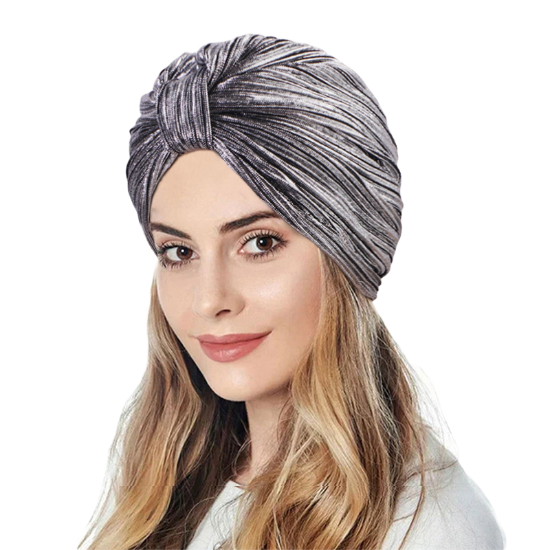 Nouveau Turban plissé métallisé pour femme, style ethnique rétro, élastique, brillant, bonnet, foulard, bonnet chimio