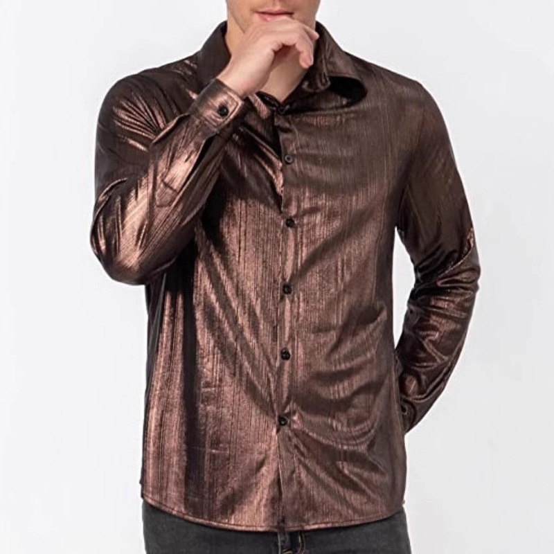 Chemise à paillettes dorées brillantes pour hommes, coupe cintrée, manches longues, chemises habillées des années 70, discothèque, fête, scène, Costume de chanteur