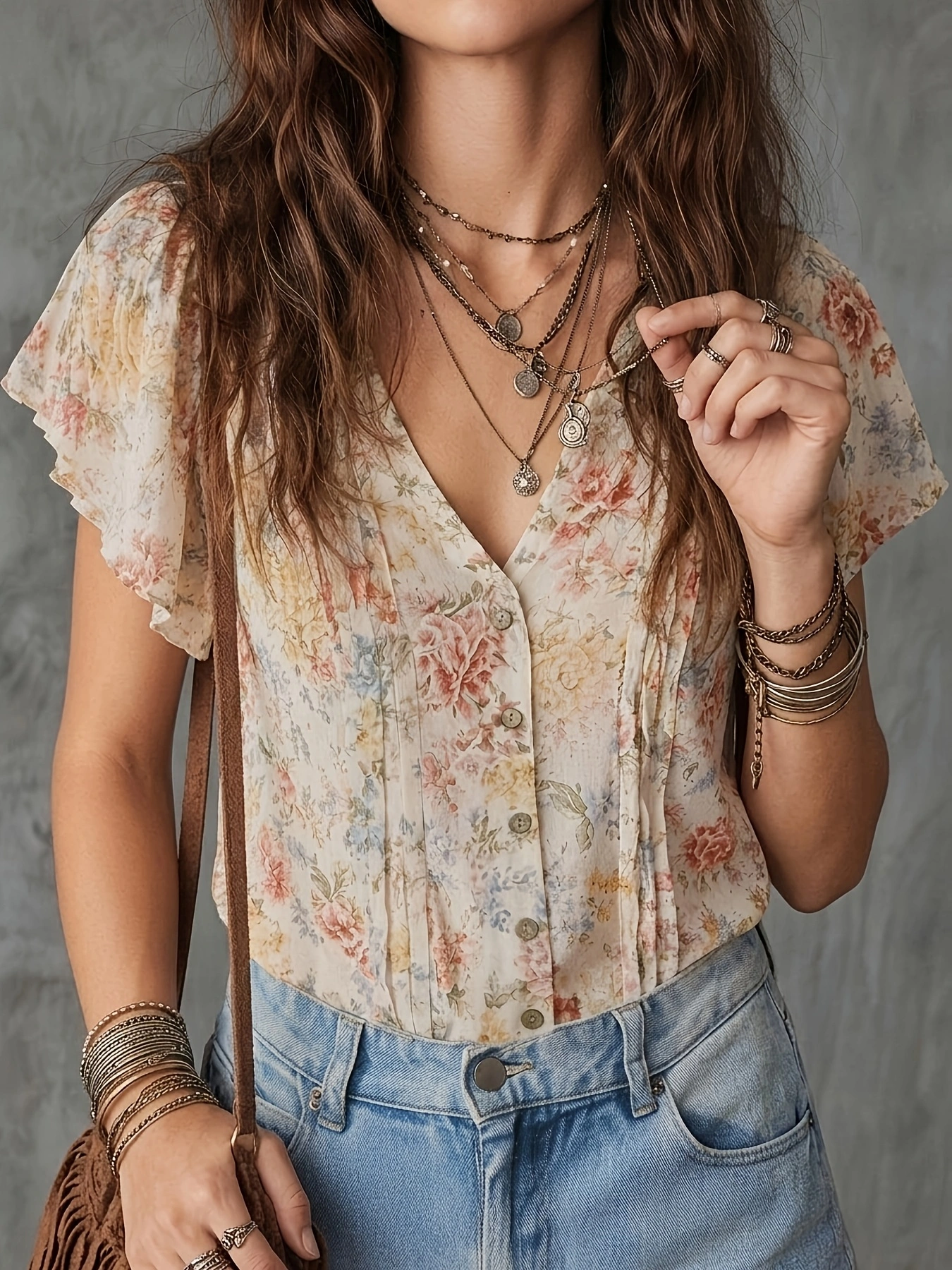 Chemisier Bohème Vintage à Imprimé Floral pour Femme, Col en V, Manches Courtes Volantes, Boutons sur le Devant, Plissé, en Chiffon Décontracté